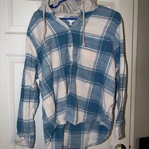 Blue and White Plaid Hoodie Shirt